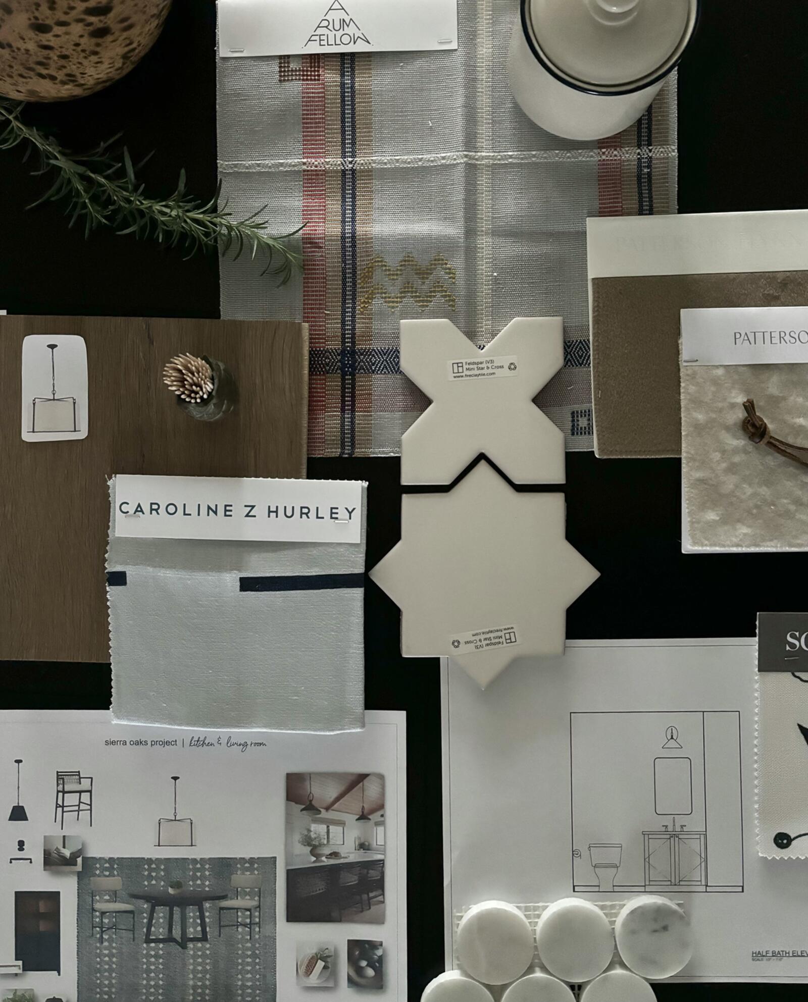 A flat lay of interior design materials and samples including fabric swatches, tile samples, a small plant, and design s — $3M+ Protecting Built-In Refrigeration In Kitchens El Dorado Hills - Interior Designer