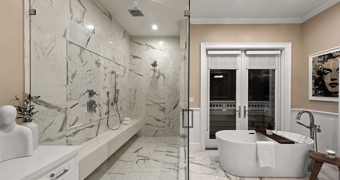 comparison image showing marble shower residue versus etching damage patterns