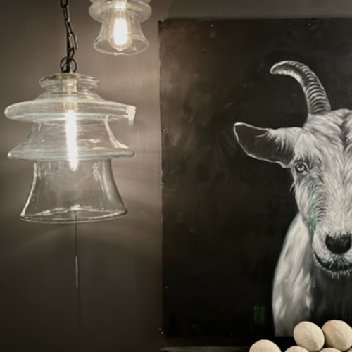 A close-up of a modern glass pendant light fixture next to a black and white painting of a goat's head on a dark wall. — Mill Valley Dark House Fix: What Actually Works (Not Just Paint)