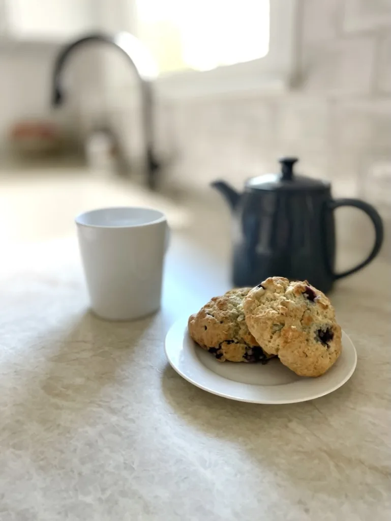 Quartzite countertop styled with a white mug and dark teapot beneath the window