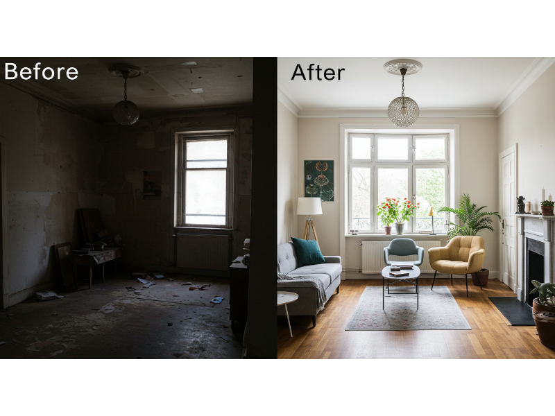 Gut Job Before and After with New Window and Electric Fireplace