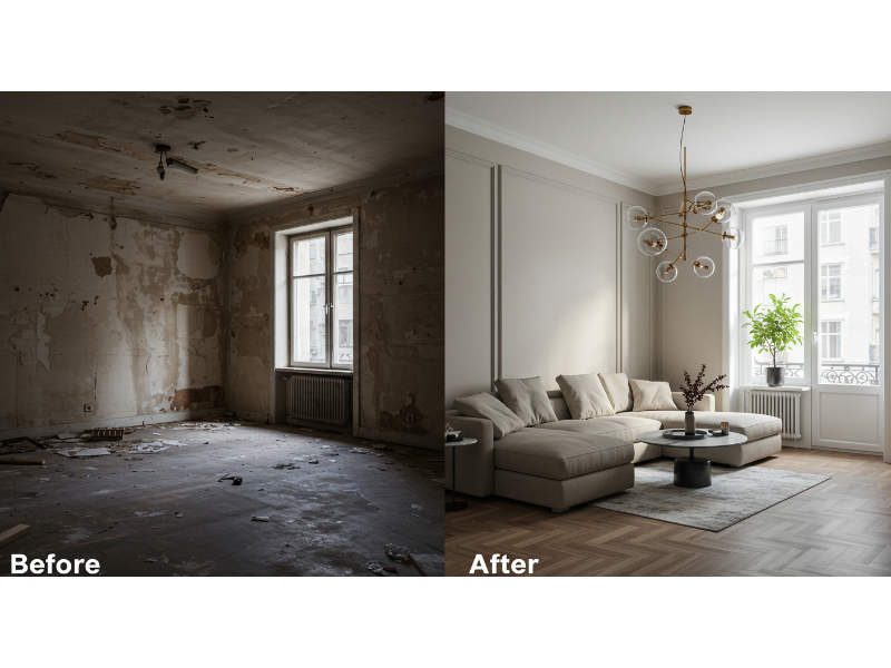 Before and after living room remodel