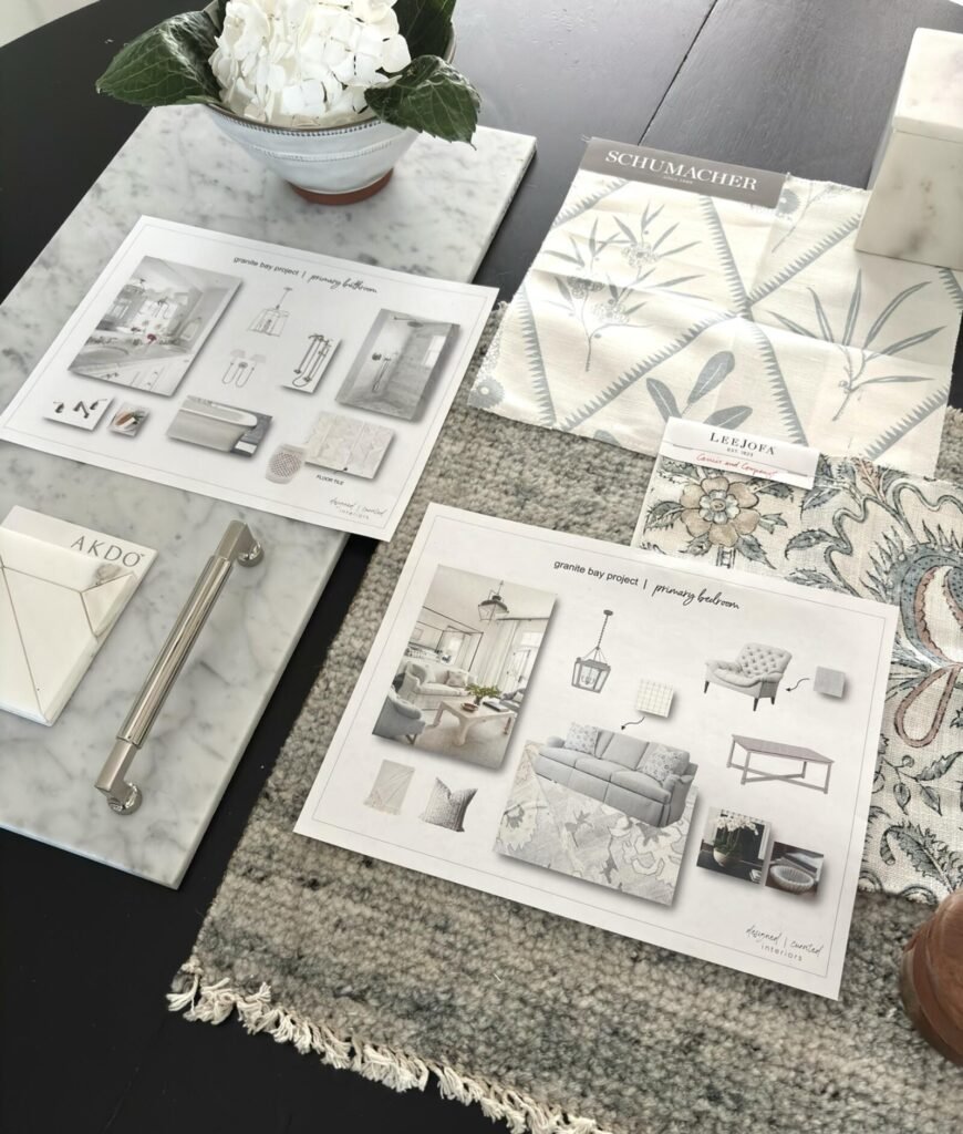 A contemporary interior design mood board featuring a variety of fabric swatches, sketches, and furnishings. Materials includ
