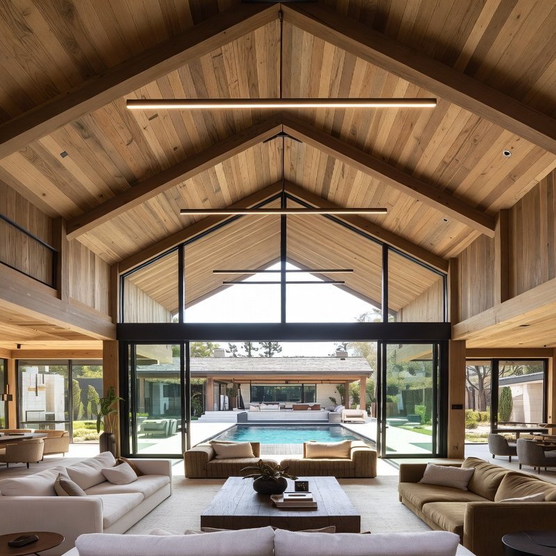 Contemporary open-concept living area featuring a high vaulted wood ceiling with large glass walls that provide views of a po