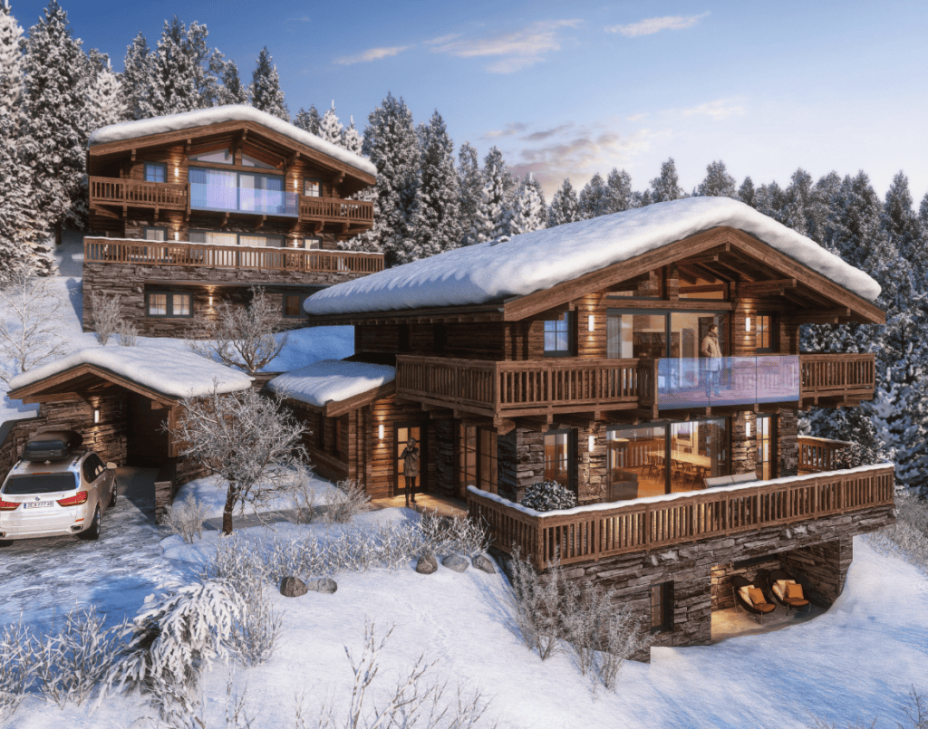 Chalet-style mountain house featuring wooden exteriors, expansive balconies, and a snow-covered landscape. The architecture r