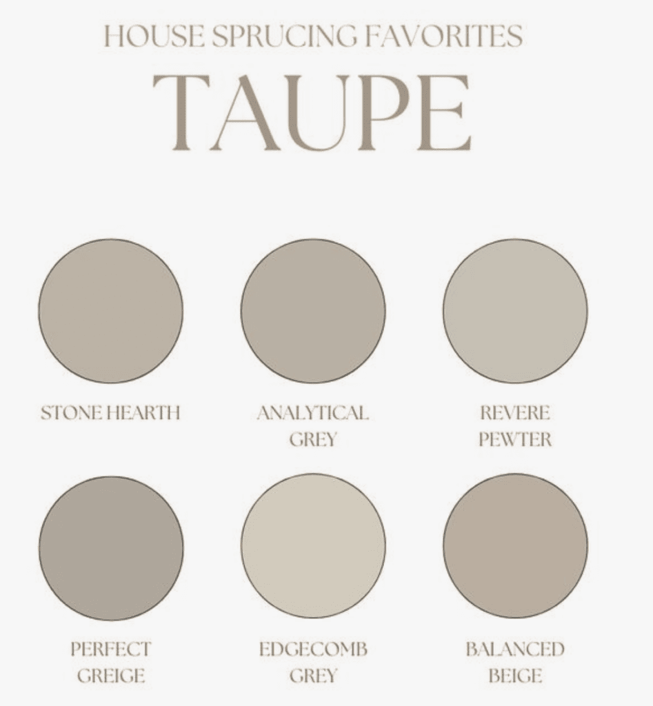 A color palette display featuring shades of taupe, with six circular paint samples arranged in two rows. The ambiance is neut