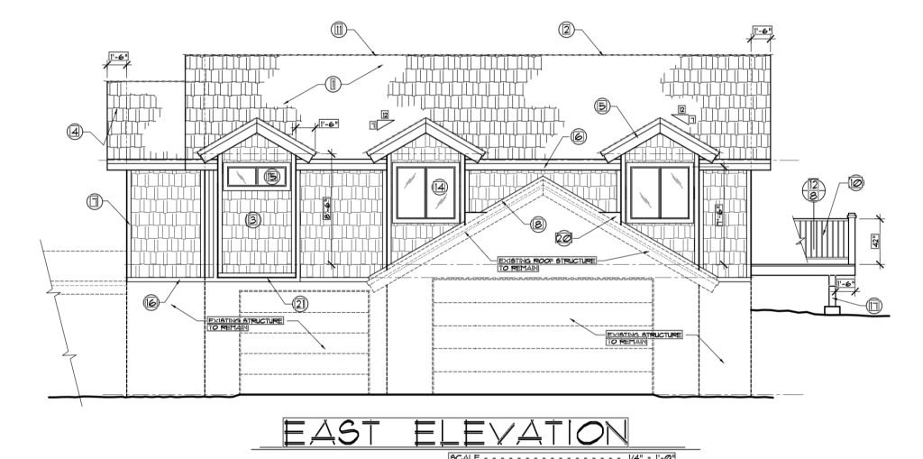 Architectural drawing of a residential building depicting the east elevation with detailed measurements and annotations.