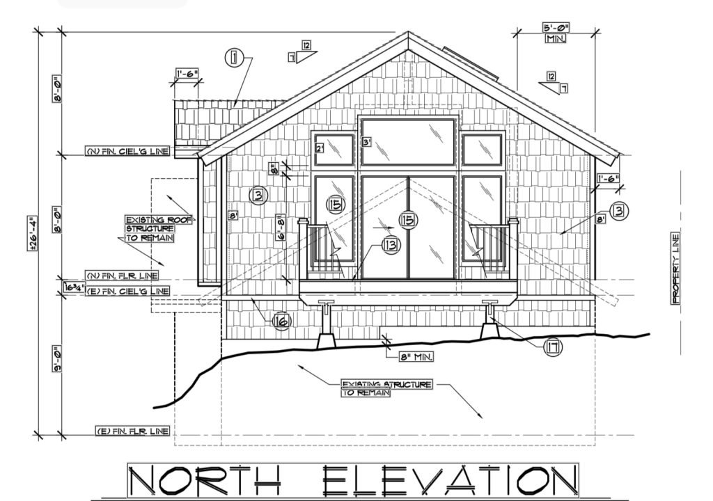 Architectural elevation drawing of a modern residential structure featuring large windows and an overhanging roof.