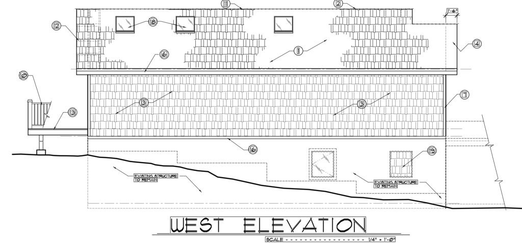 Architectural drawing showcasing the west elevation of a building with horizontal shingles on the exterior and multiple windo