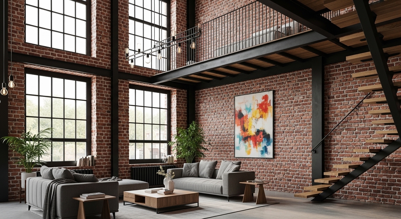 Two-story loft with exposed brick and floating wood staircase