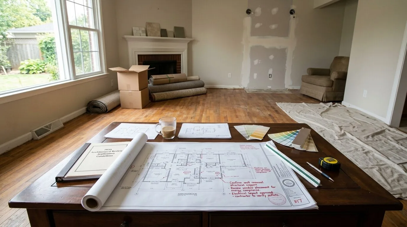 A navy kitchen island under exposed beams from a Designed | Curated Sierra Oaks renovation