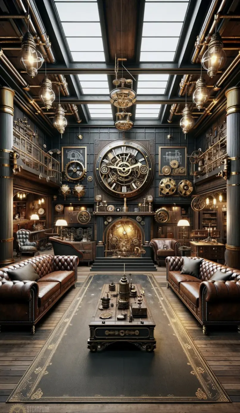 A steampunk-style living room with leather sofas, large mechanical clock, exposed pipes