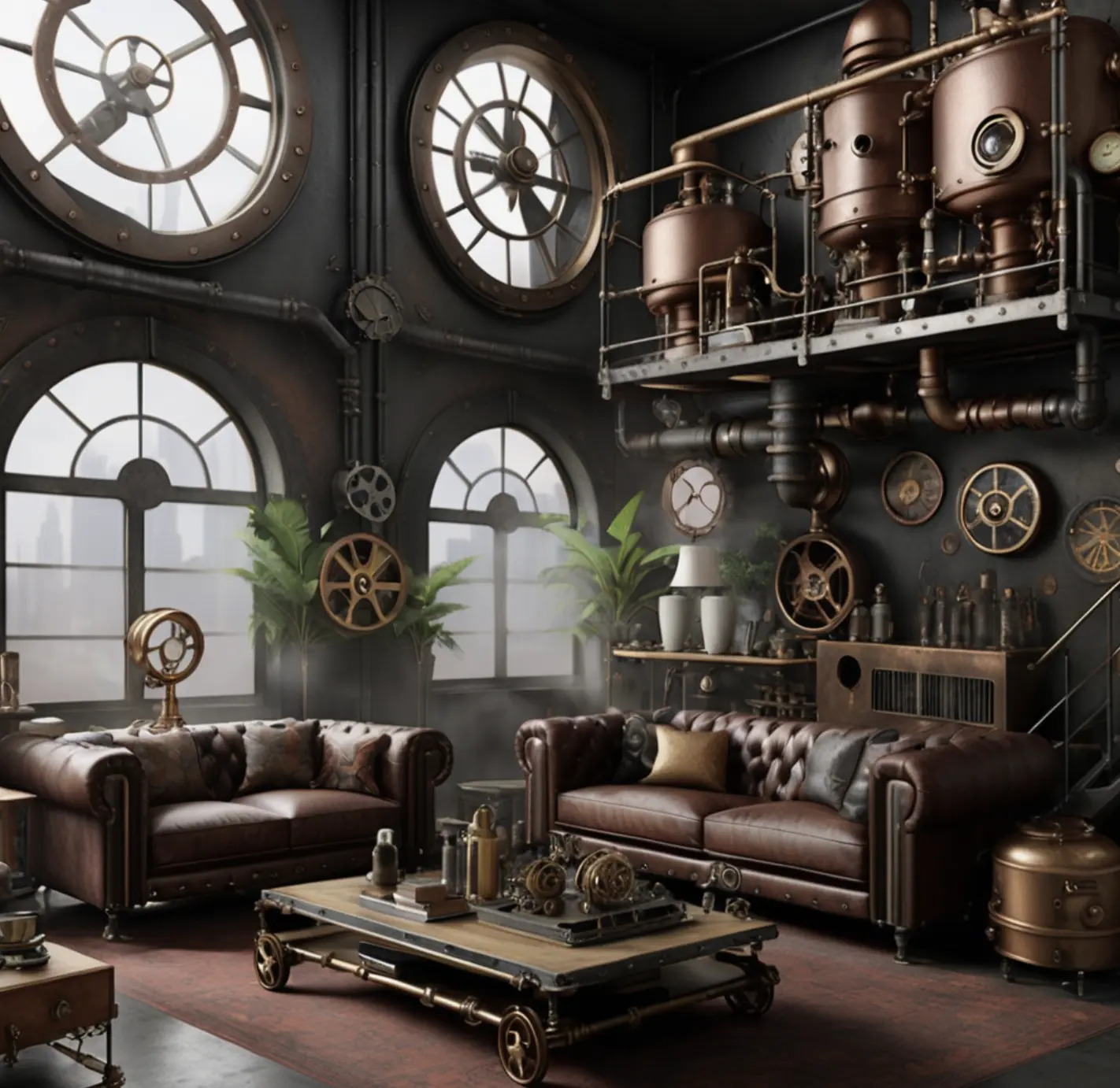 A steampunk style living room with leather sofas, large industrial gears and pipes, and round windows