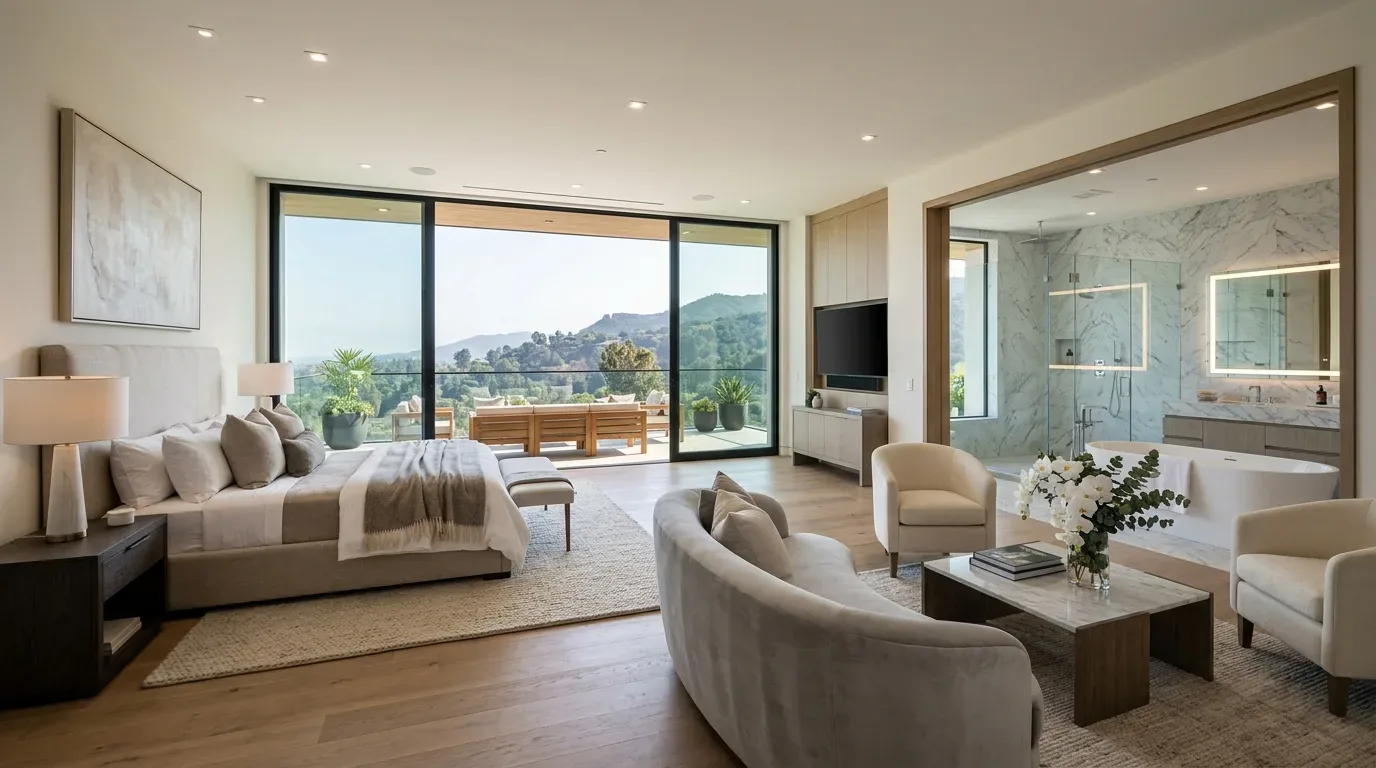 A modern bedroom with a sitting area and an open view into a marble bathroom, featuring large glass doors opening to a balcony with a scenic mountain view
