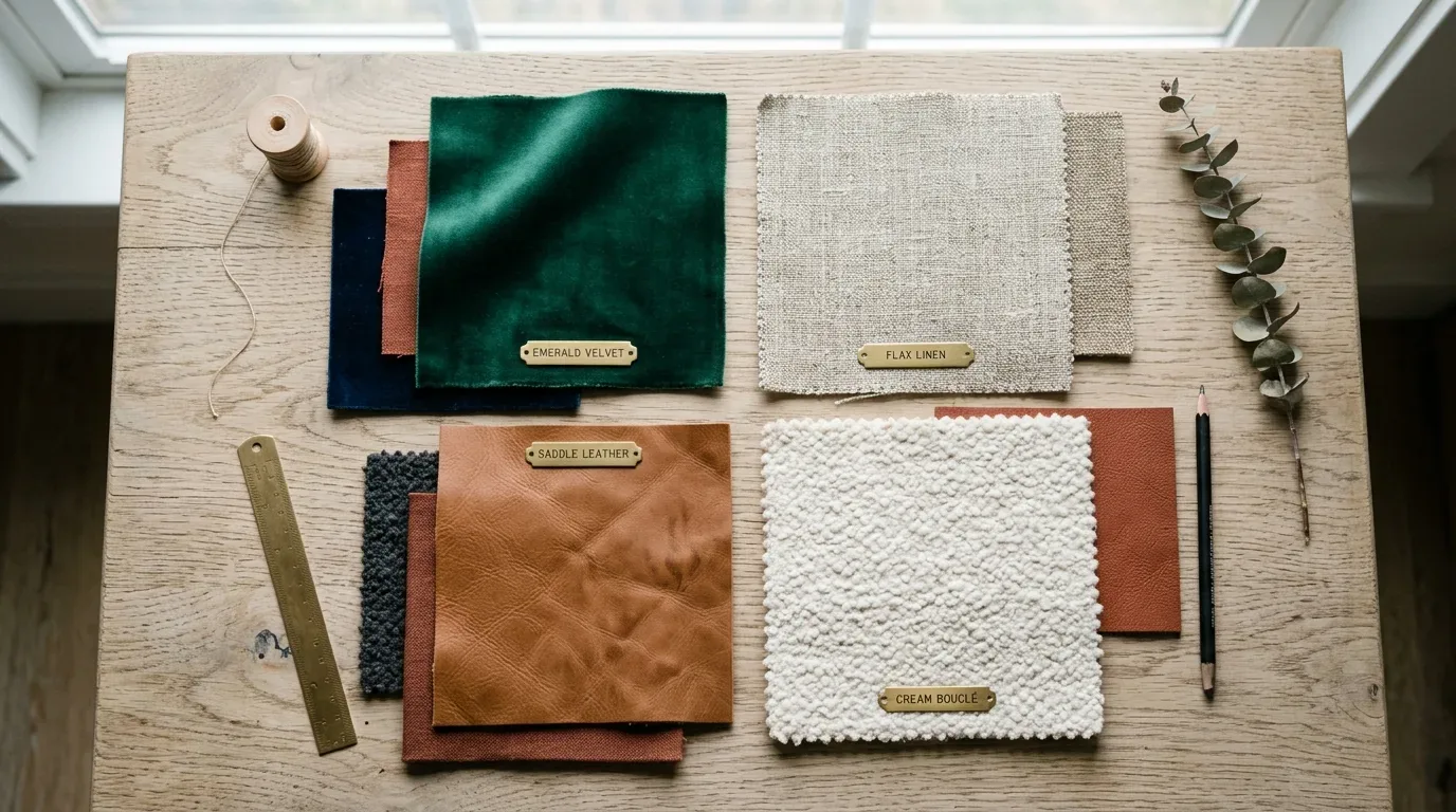 Four fabric and leather swatches labeled with their material names arranged on a wooden table with a ruler, spool of thread, pencil, and a sprig of eucalyptus