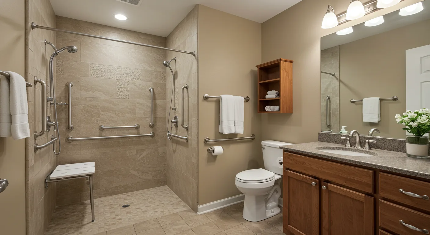 A warm, accessible bathroom with a curbless walk-in shower, integrated grab bars, and a foldable shower seat
