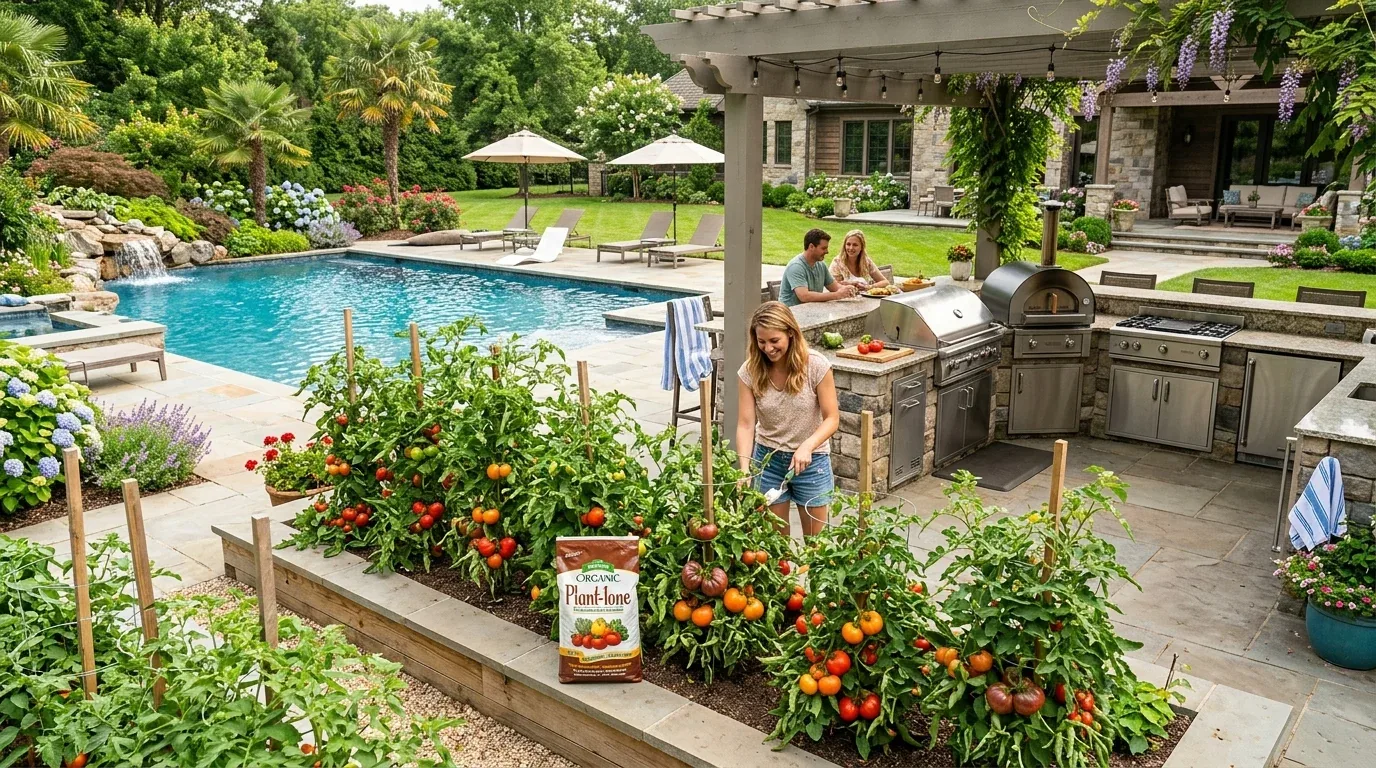 A backyard scene featuring a raised garden bed with tomato plants, a swimming pool, and an outdoor kitchen with people