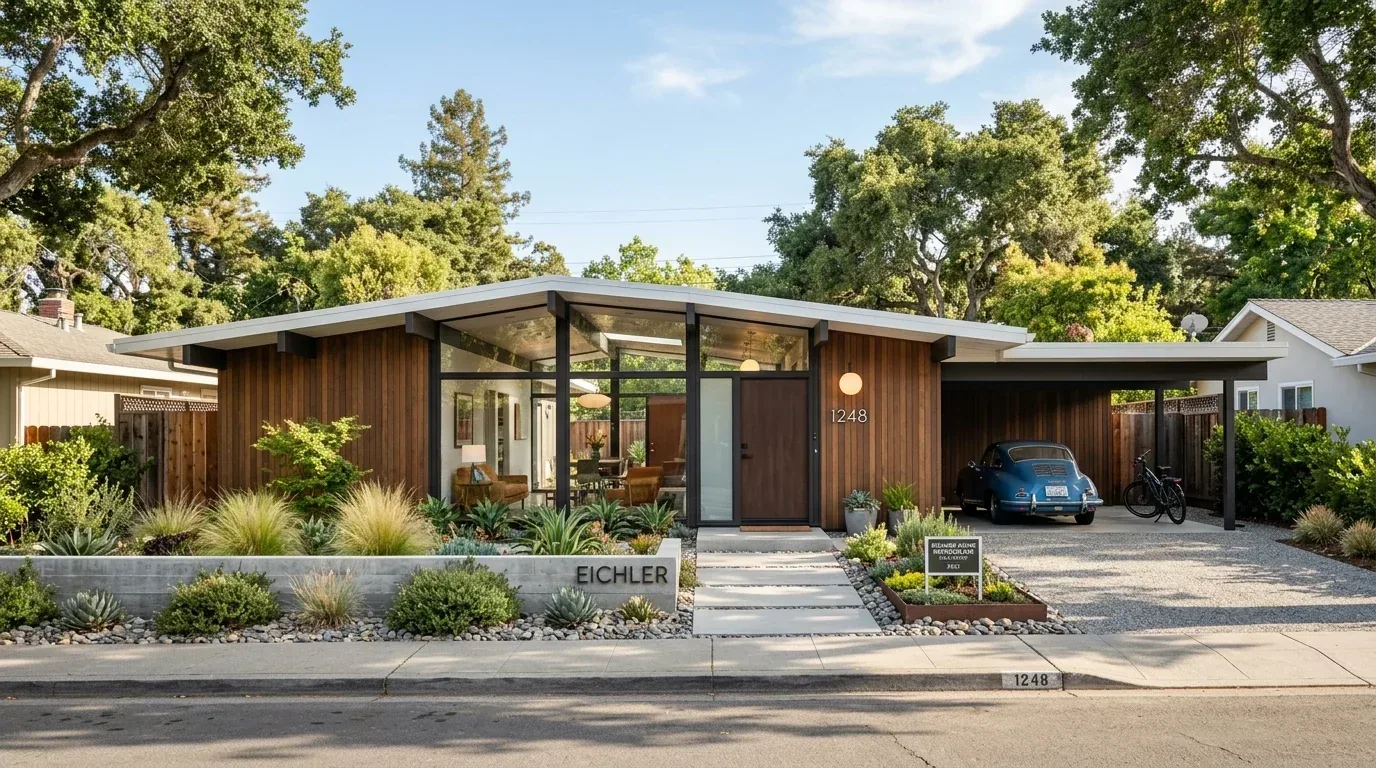 A modern mid-century style single-story home with wood paneling, large glass windows, a carport, and landscaped front