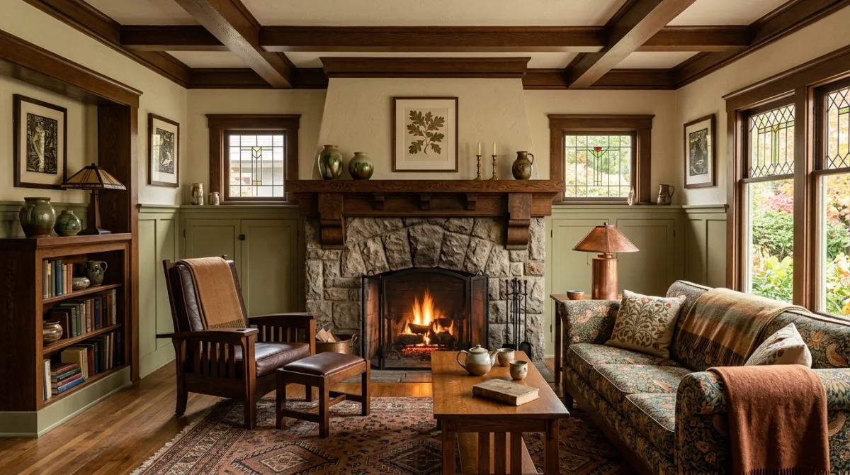 A cozy living room with a stone fireplace, wooden furniture, stained glass windows, and a patterned sofa
