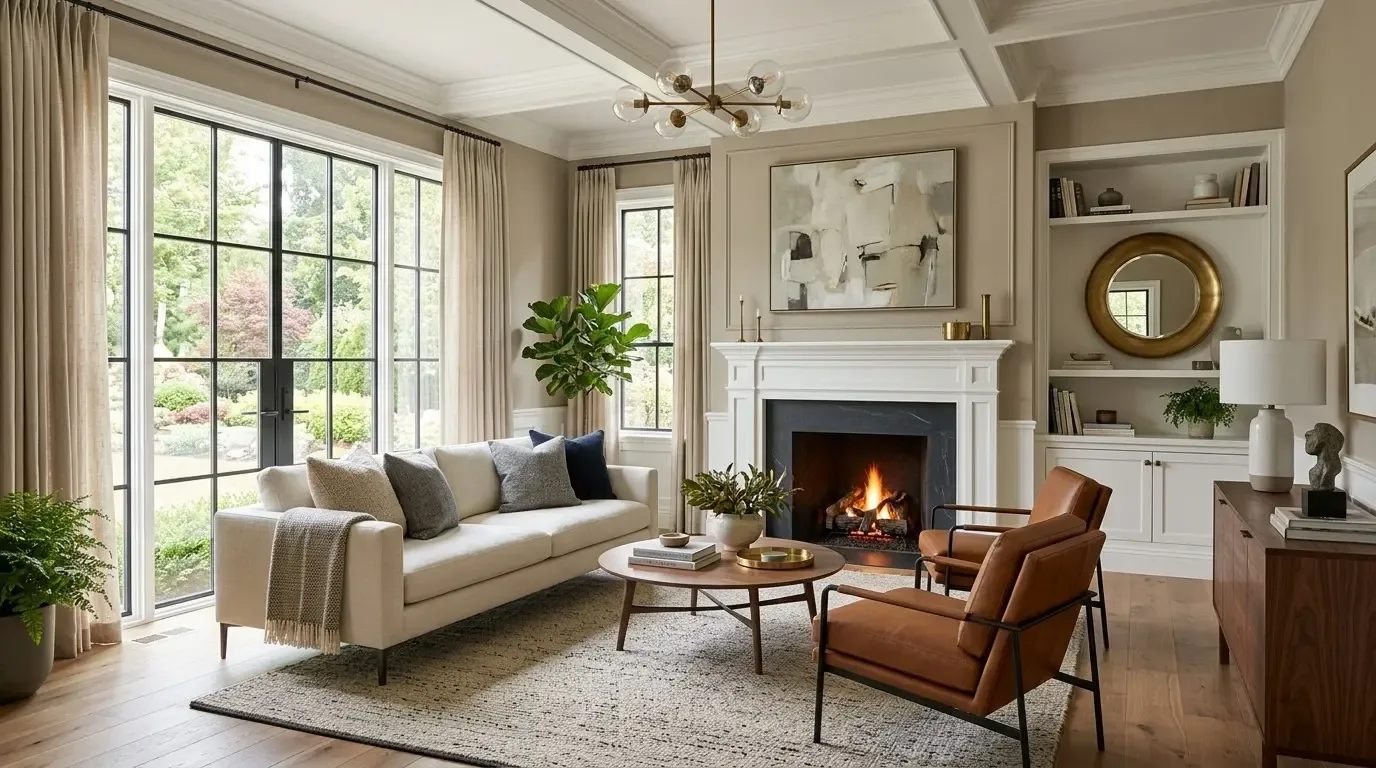 Empty living room with dark wood floors, white fireplace, large arched window with curtains, and ceiling fan