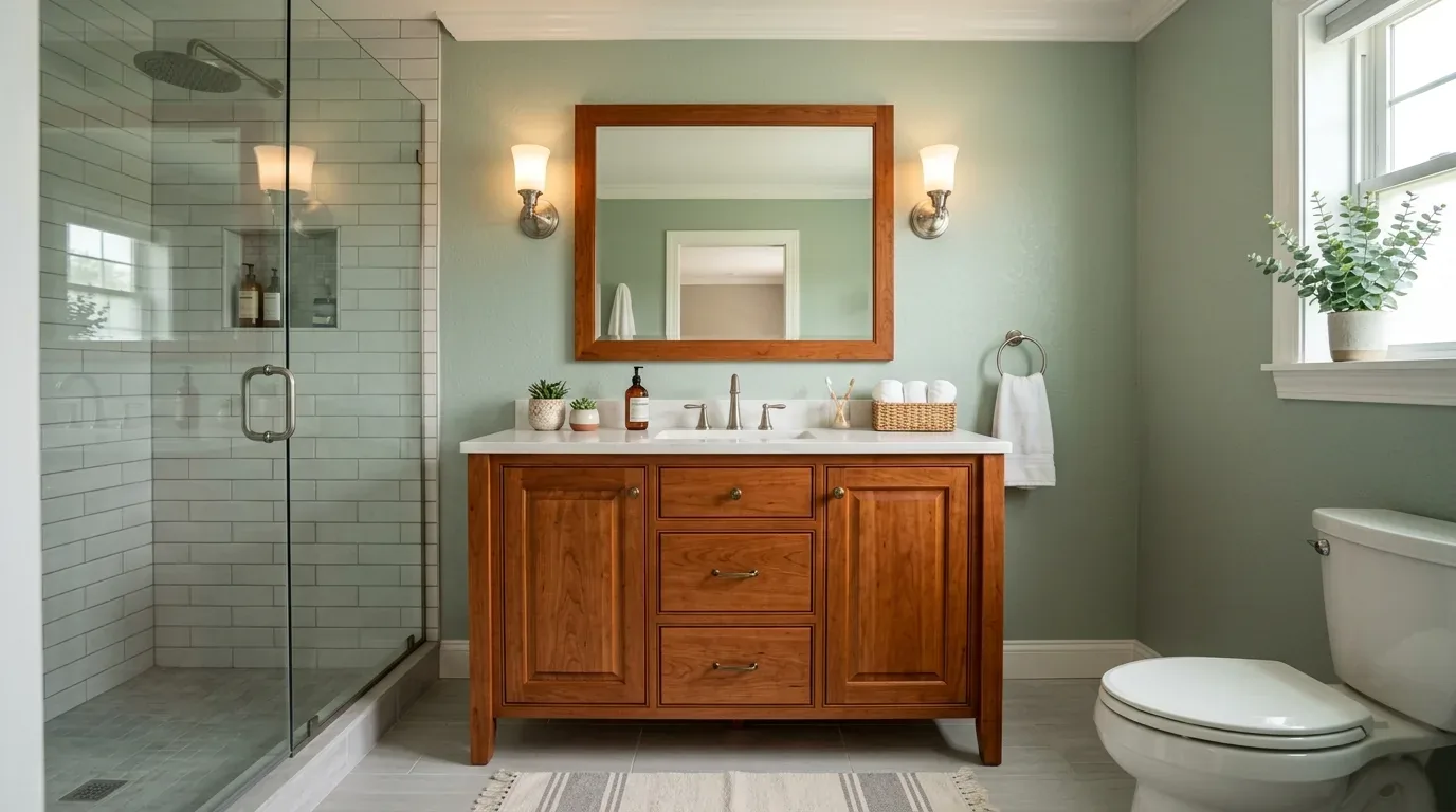 A bathroom with a wooden vanity, large mirror, glass shower enclosure, toilet, and a window with a potted plant
