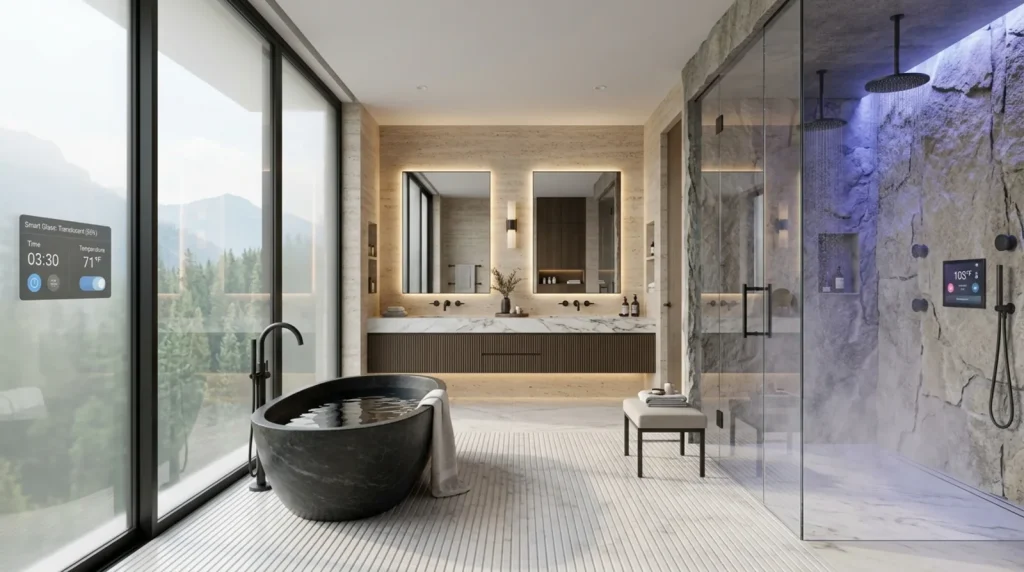 A minimalist bathroom with a freestanding bathtub, brass fixtures, a framed abstract line drawing, and two small wooden stools.