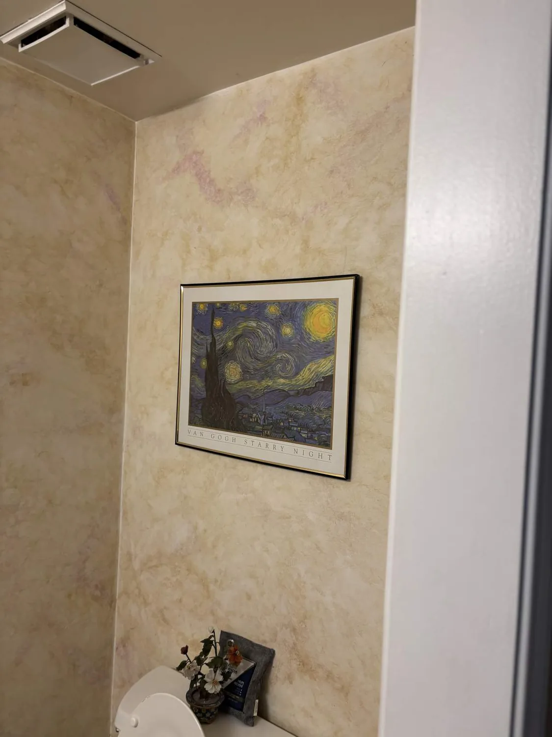 A small bathroom corner with beige textured walls, a framed Van Gogh Starry Night print, and a toilet tank
