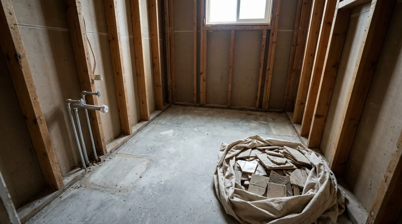 An unfinished room with exposed wooden studs, plumbing pipes, and a pile of broken tiles on the concrete floor