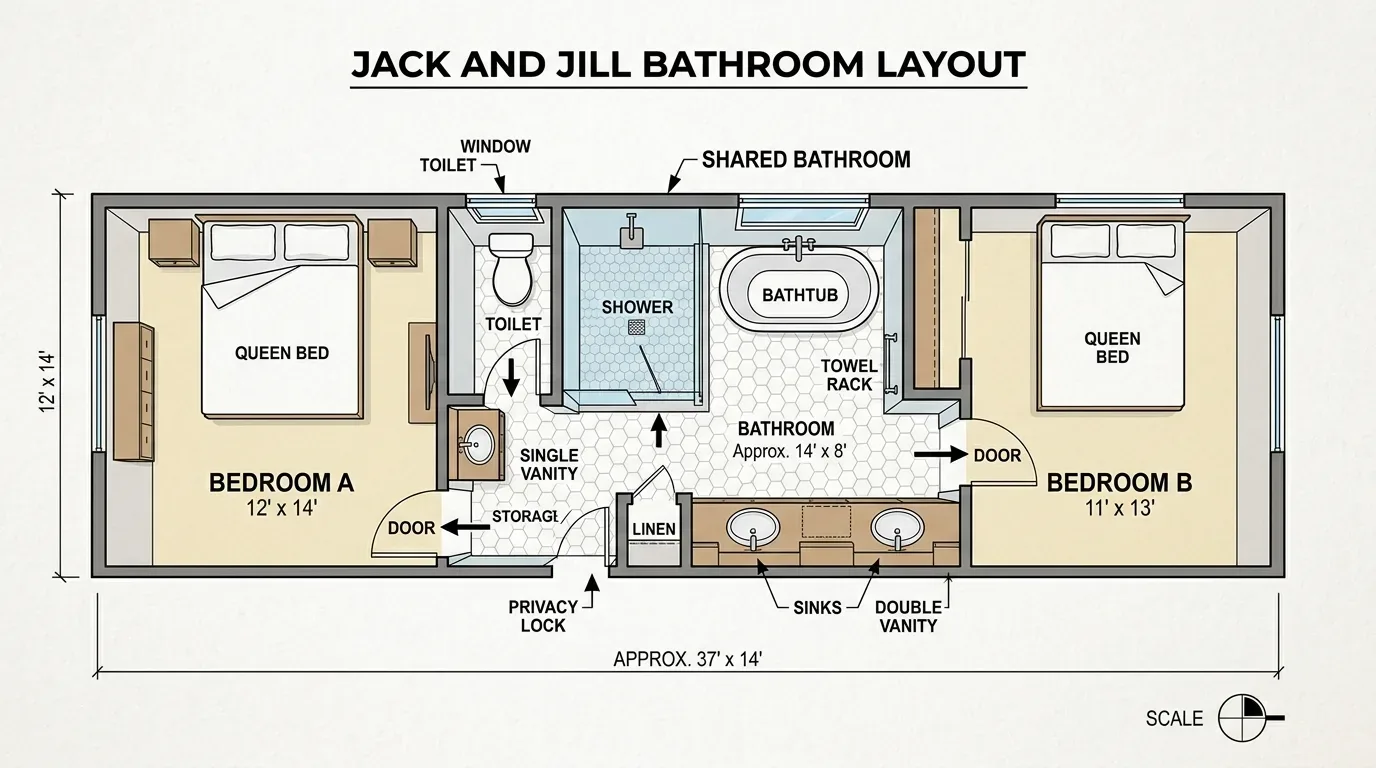 Floor plan layout of a Jack and Jill bathroom shared between two bedrooms, each with a queen bed