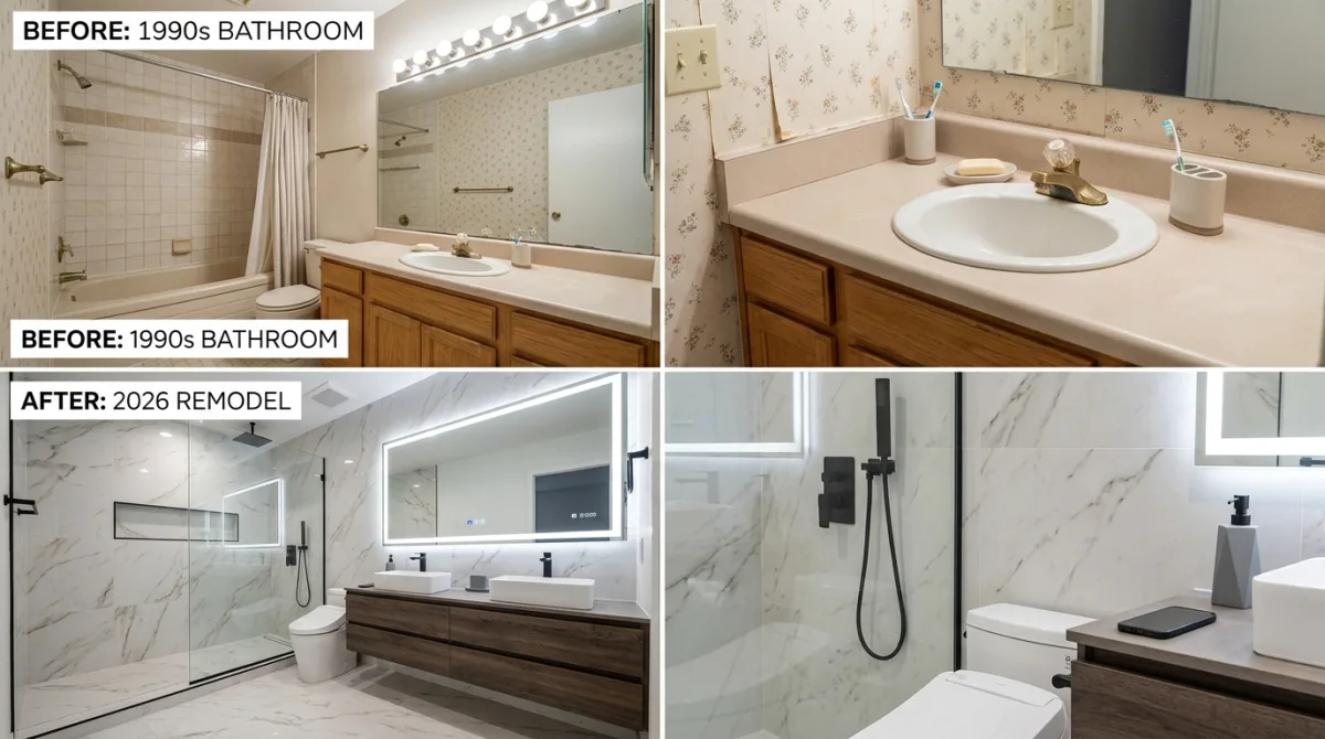 A side-by-side comparison of a 1990s bathroom before and a modern 2026 remodeled bathroom after