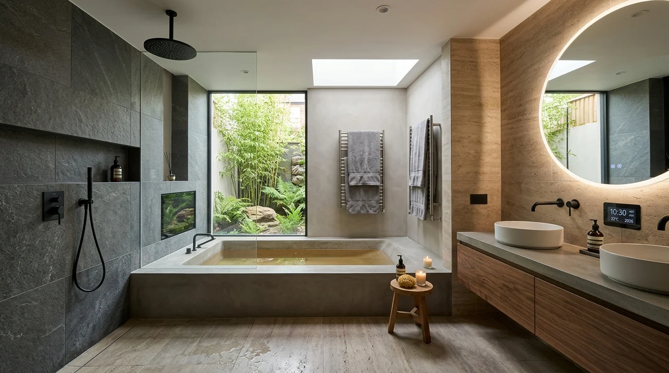 A modern spa bathroom with a stone soaking tub under a rain shower, a glass partition, double sinks with a backlit round mirror, and a window onto a private bamboo garden