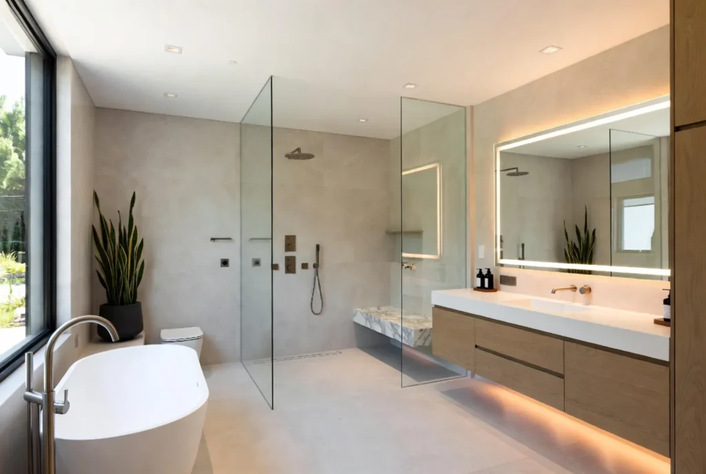 A minimalist bathroom with a freestanding bathtub, brass fixtures, a framed abstract line drawing, and two small wooden stools.
