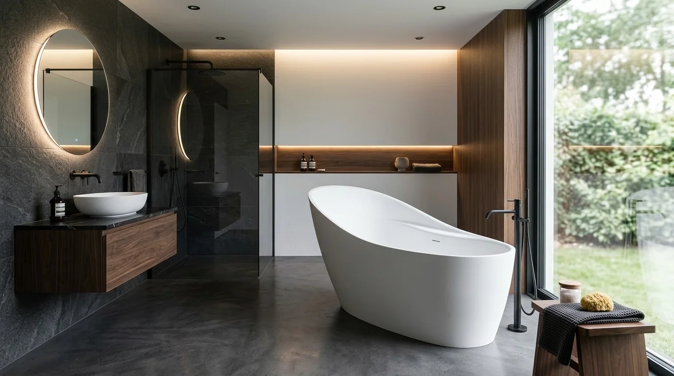 Sculptural white freestanding slipper bathtub in a modern bathroom with dark slate walls, walnut floating vanity, and backlit round mirrors
