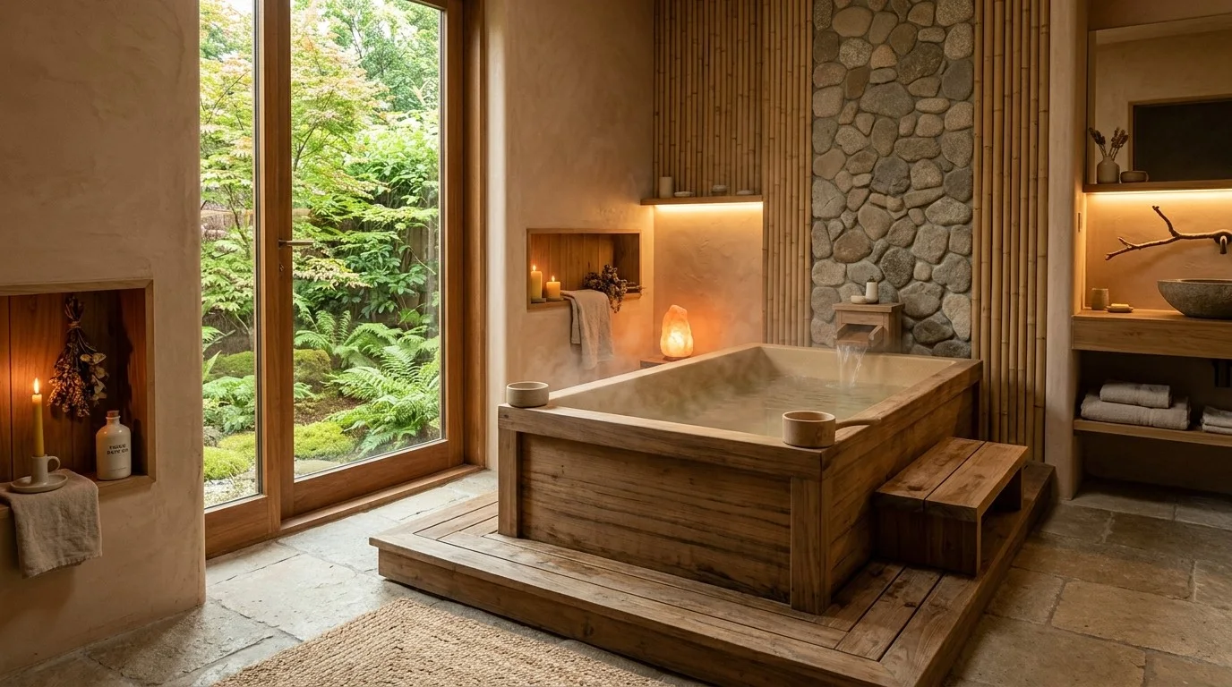 Japanese-style wooden soaking tub on a raised timber deck with a river-stone feature wall, bamboo screening, and a garden view window