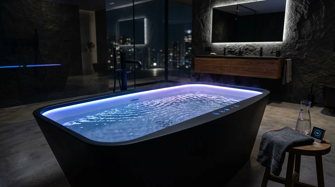 Matte black freestanding smart bathtub with perimeter LED chromatherapy lighting and integrated touch controls in a dark stone bathroom at night