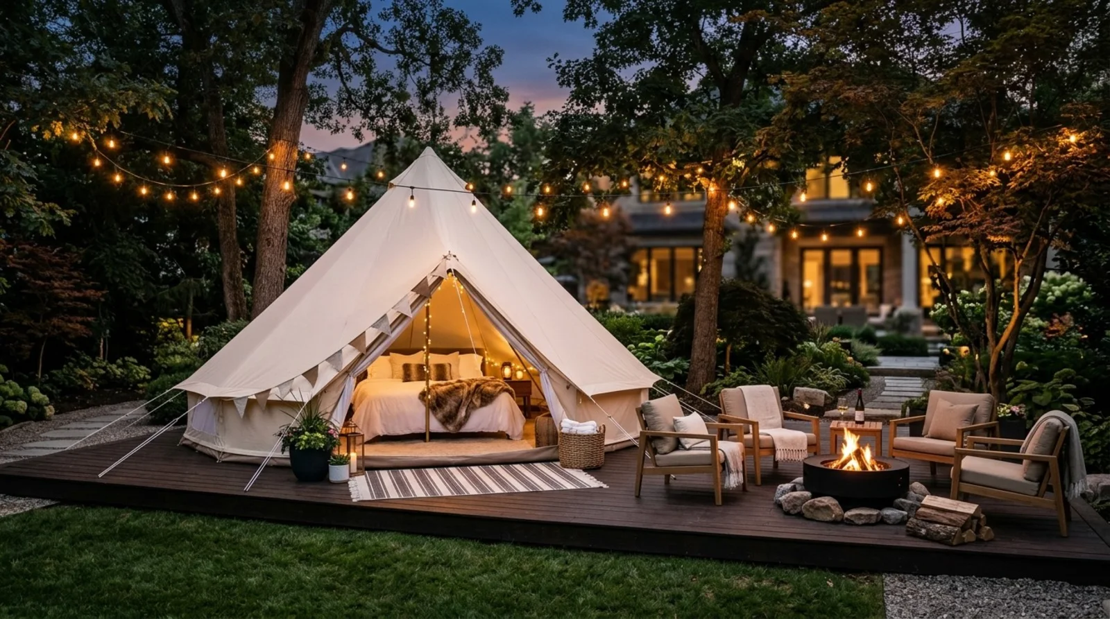 Canvas bell tent glamping suite with a bed, string lights, and fire pit lounge seating on a backyard deck at dusk