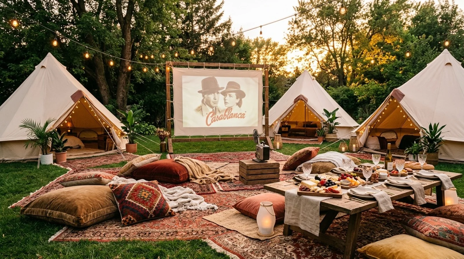 Backyard movie night with bell tents, an outdoor projection screen, low tables, and floor cushions on layered rugs