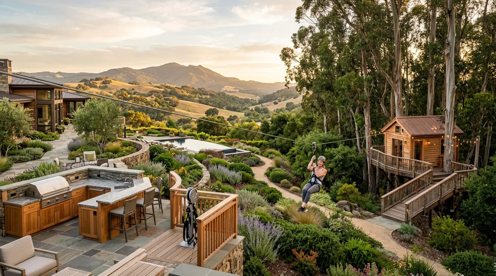 Hillside Bay Area backyard with an outdoor kitchen, zipline run, and cedar treehouse terraced into drought-tolerant