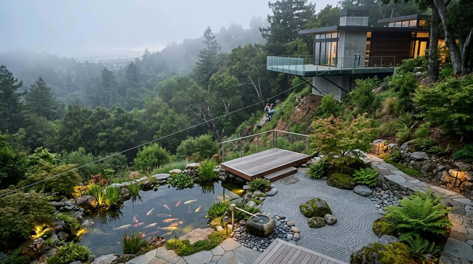 Koi pond, gravel garden, and ipe deck in coastal fog below a modern hillside home in Northern California