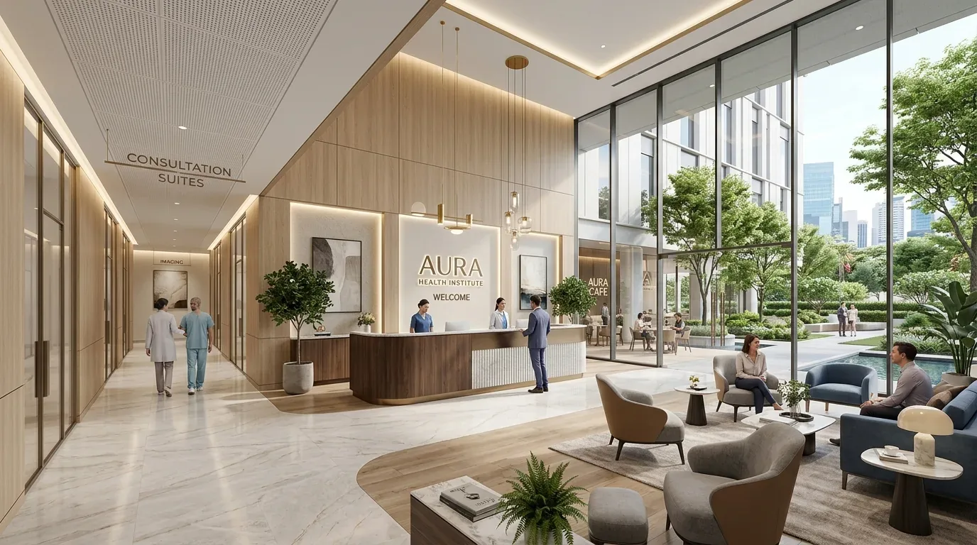 A modern health institute lobby with a reception desk, consultation suites hallway, and a seating area next to large glass windows overlooking a garden