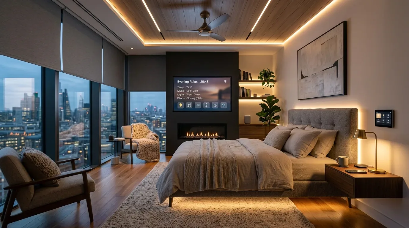 A modern bedroom with floor-to-ceiling windows overlooking a cityscape, featuring a bed with underlighting, a fireplace, and smart home controls