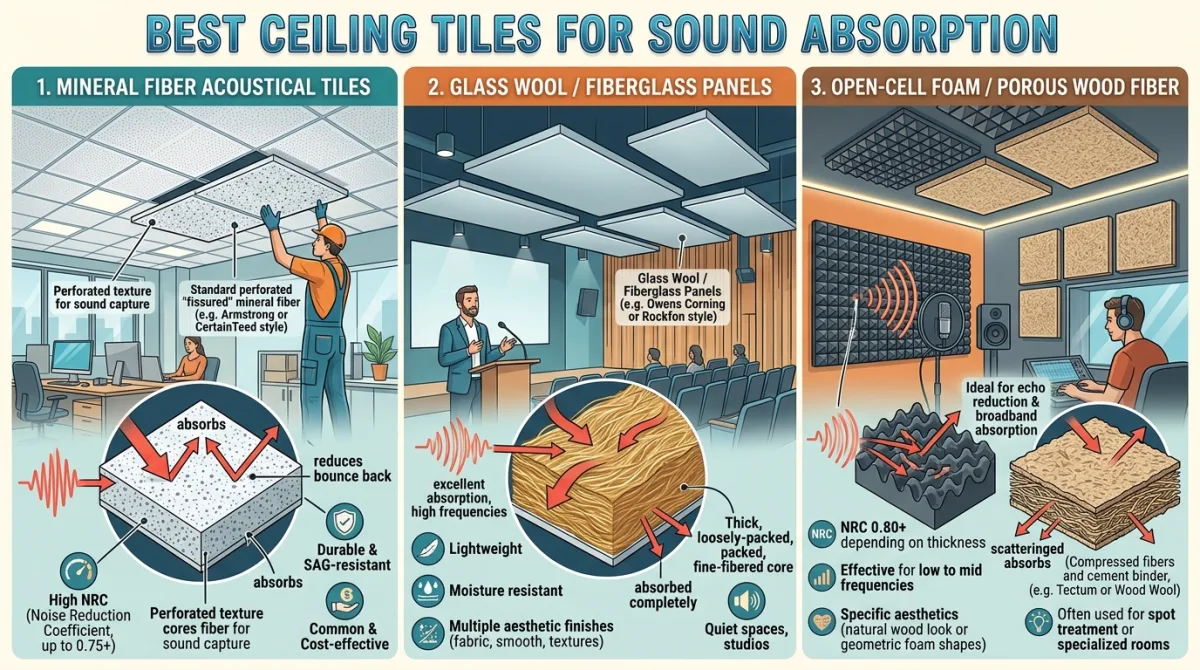 An infographic comparing three types of ceiling tiles for sound absorption with illustrations and key features