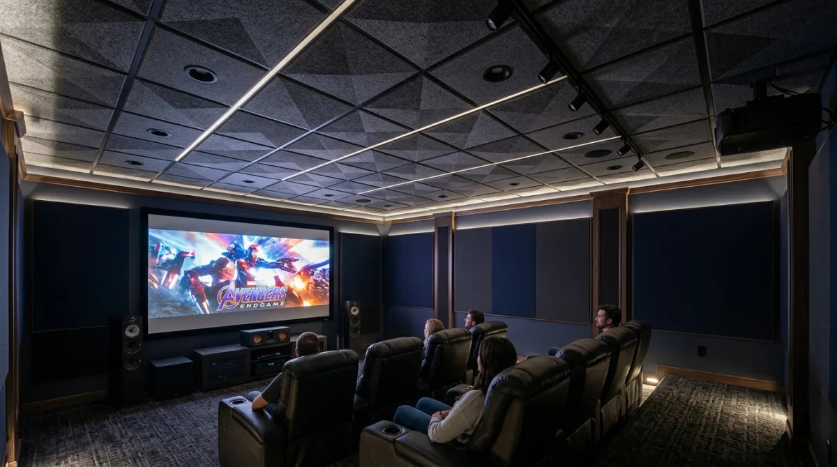 A modern home theater room with leather recliner seats and a large screen showing Avengers Endgame