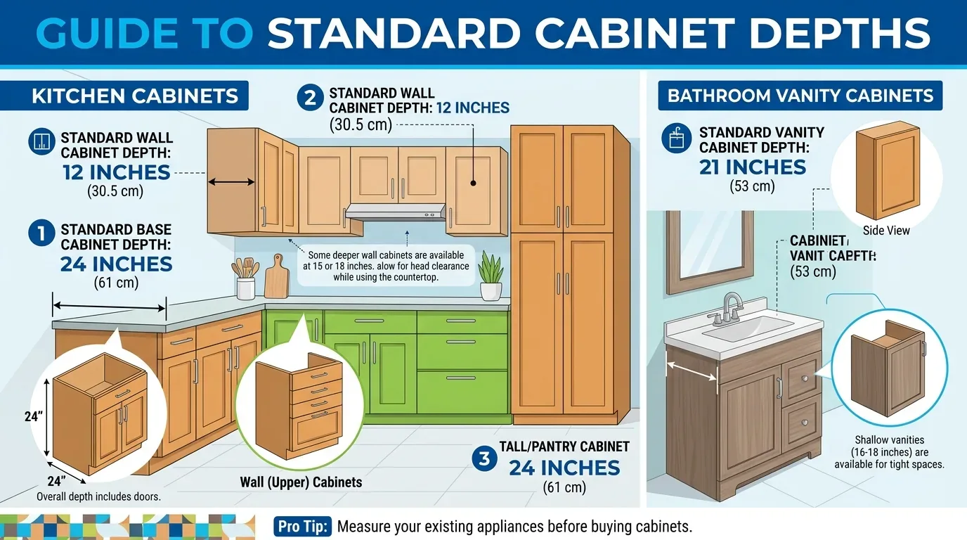 An illustrated guide showing standard depths for kitchen and bathroom vanity cabinets with measurements and cabinet types