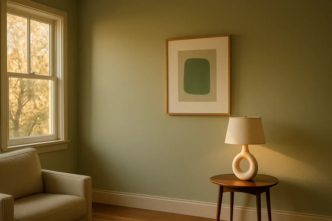 A minimalist living room corner with a beige armchair, a round wooden side table with a modern lamp, and abstract wall