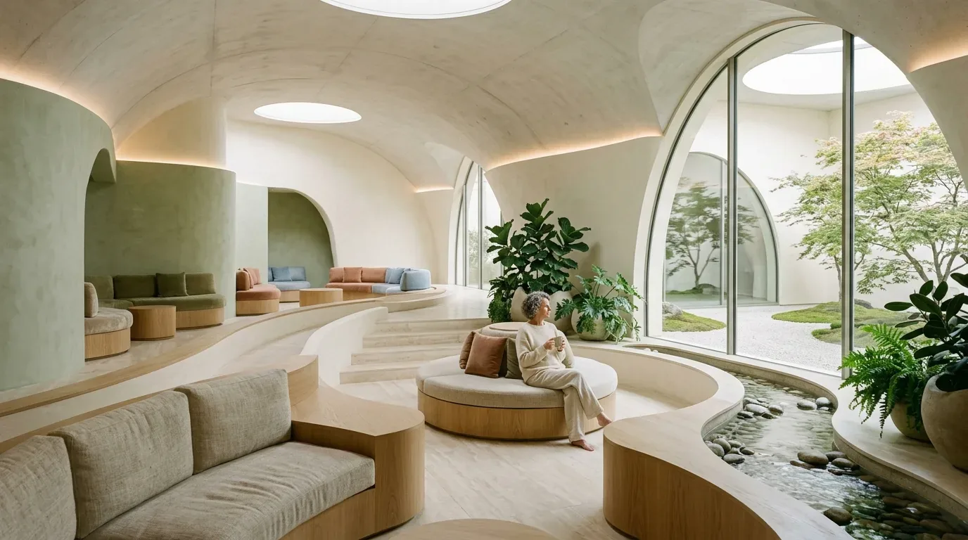 A modern, curved lounge area with built-in wooden seating, soft cushions, indoor plants, and large arched windows overlooking a minimalist garden with trees and a water feature