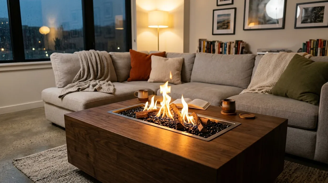 A cozy living room with a sectional sofa, a wooden coffee table with a built-in fire feature, and warm lighting