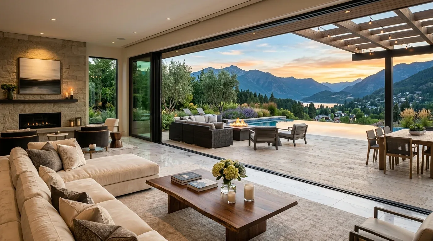 A modern living room opens to an outdoor patio with seating, a fire pit, an infinity pool, and a mountain view at sunset