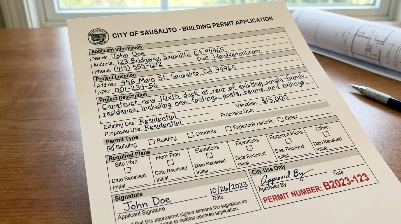 A building permit application form for a residential deck construction project in Sausalito, placed on a wooden table