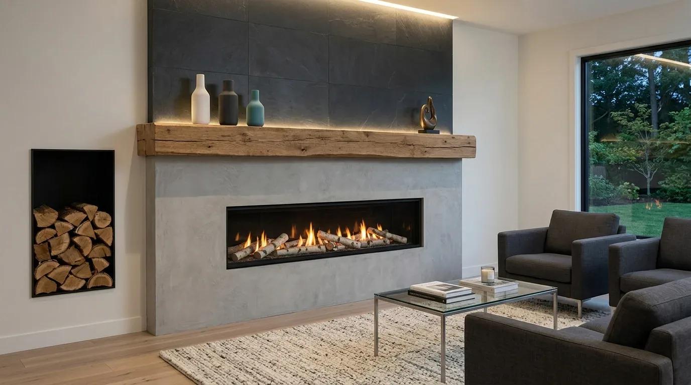 A modern living room with a linear fireplace, wooden mantel, stacked firewood, gray armchairs, glass coffee table, and large window overlooking a garden